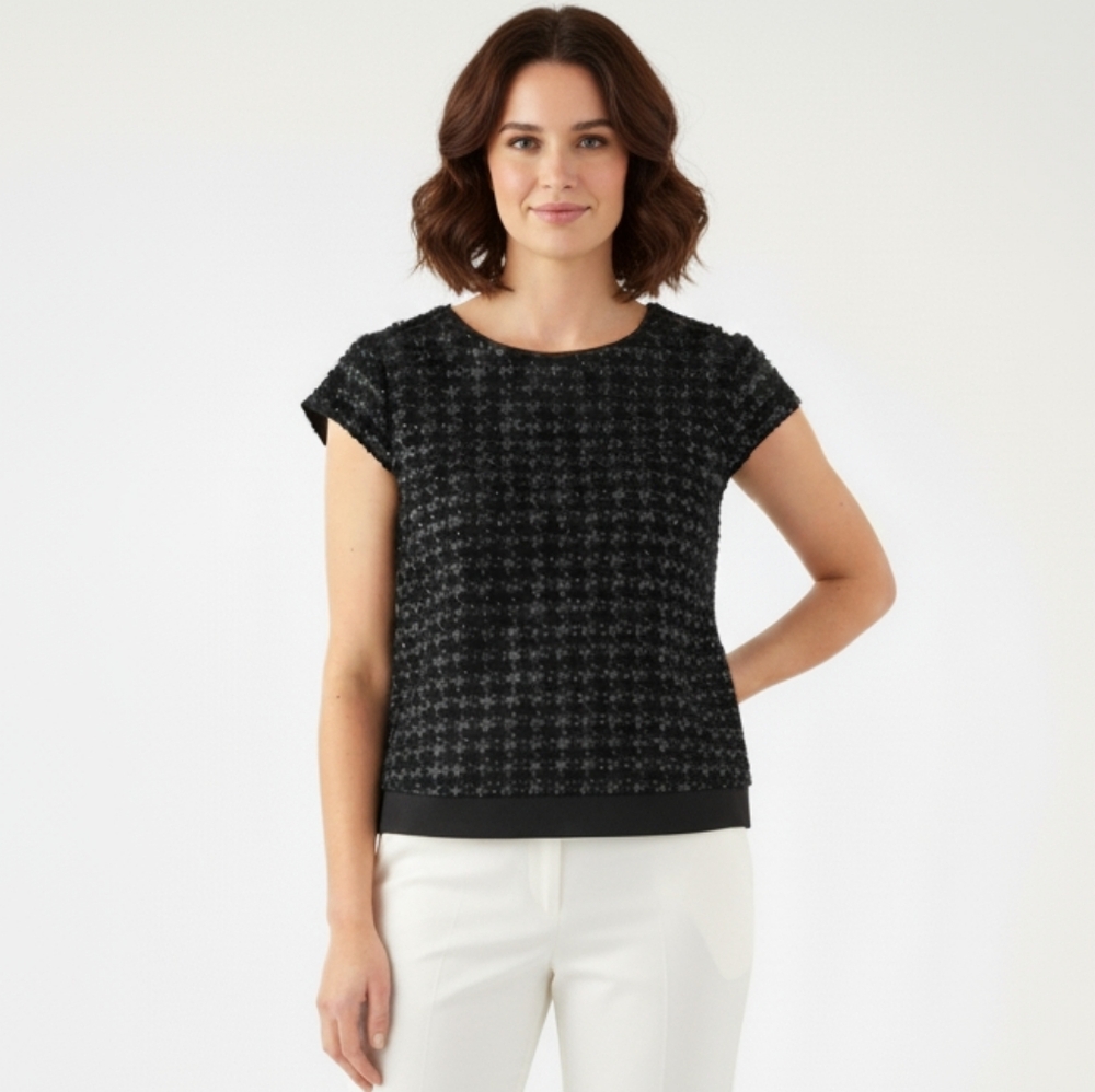 Ann Taylor Metallic Textured Cap Sleeve Work Top M